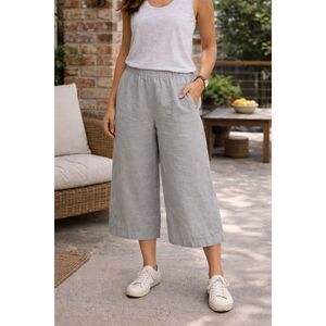 FLAX 100% Linen Culotte Pants Gray Elastic Waist Wide Leg Cropped Size P